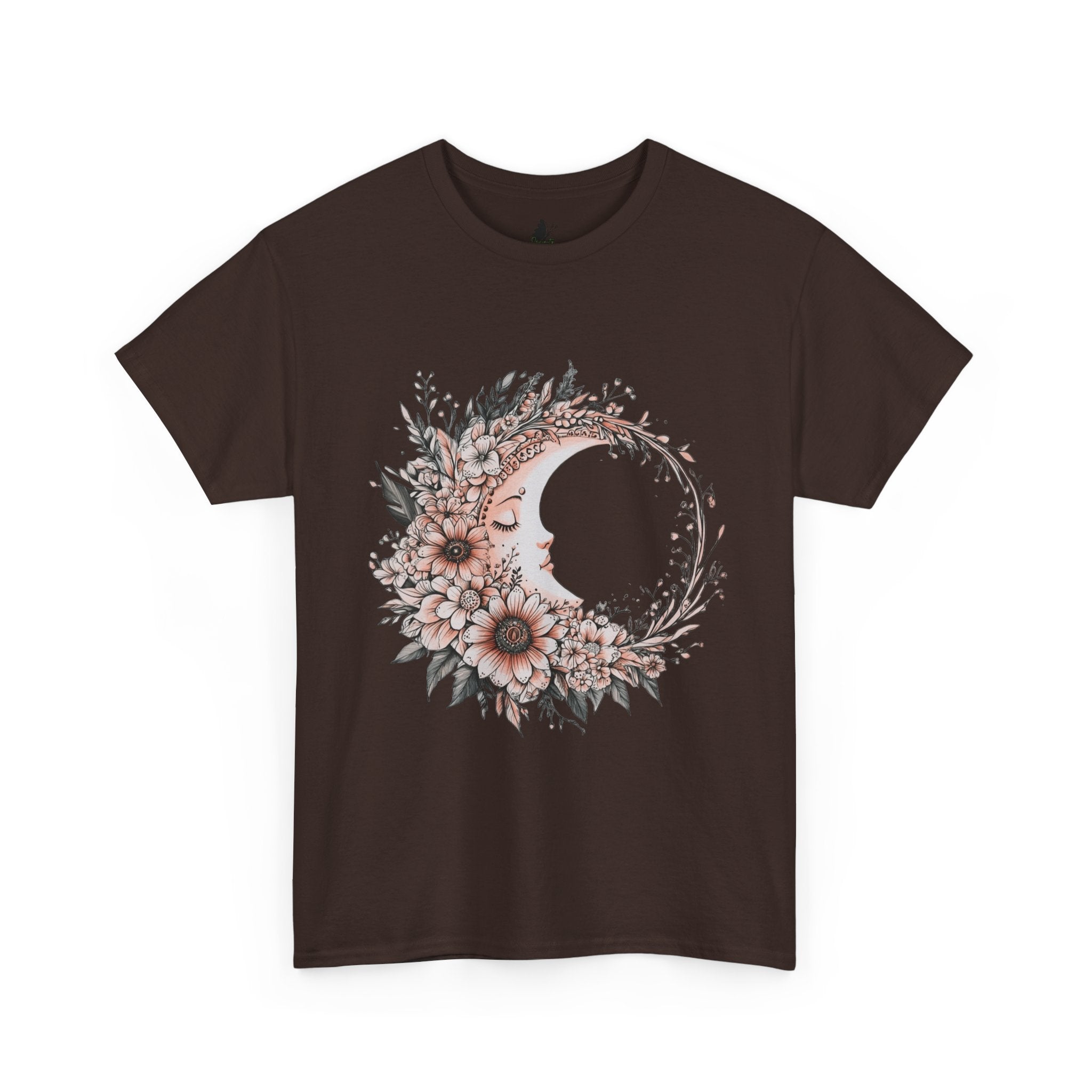 Boho Moon Floral Tee — Pink Moon with Flowers & Leaves