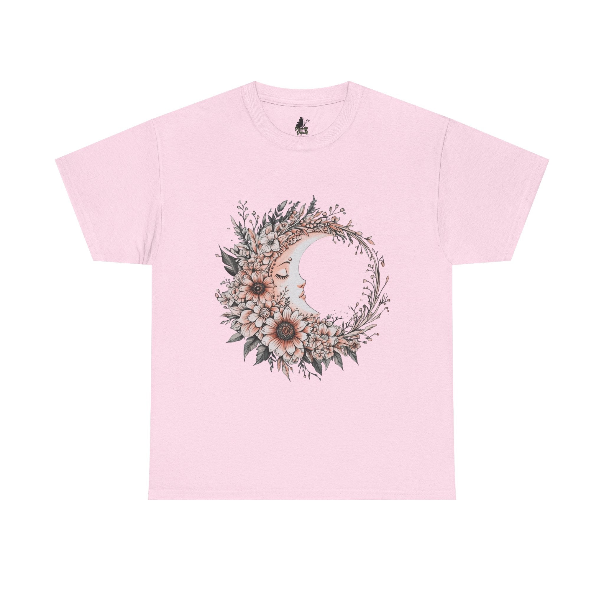 Boho Moon Floral Tee — Pink Moon with Flowers & Leaves