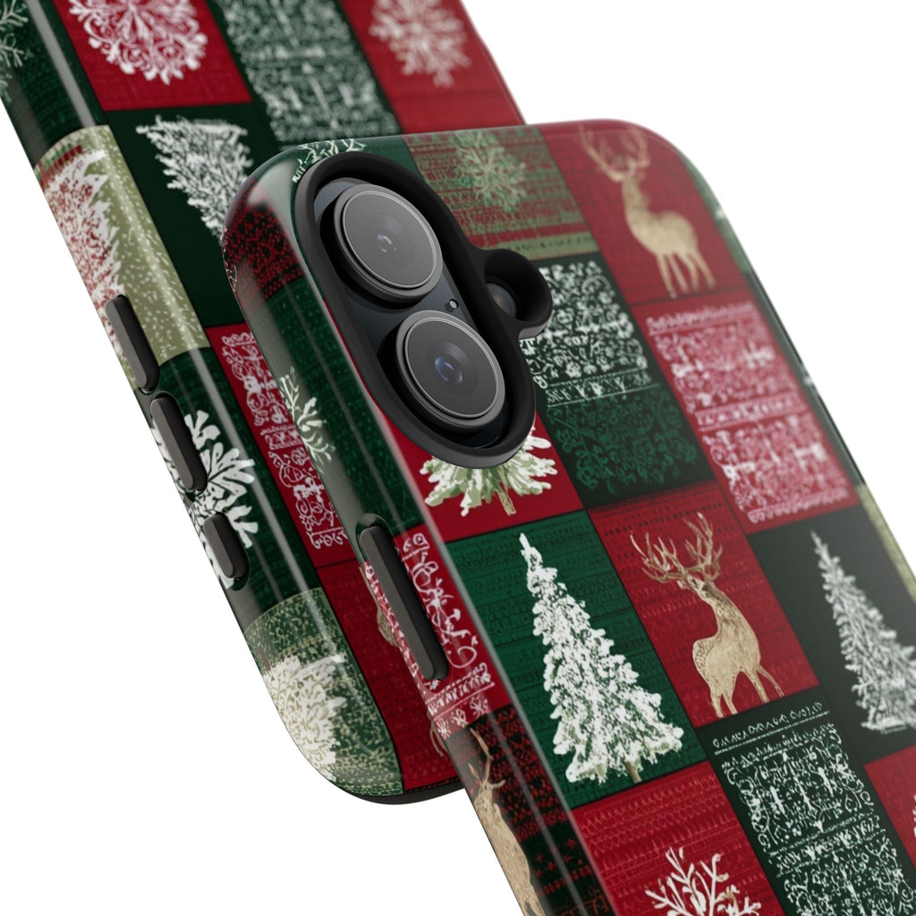Festive Deer Pattern Phone Case — Red & Green Plaid with Snowflakes