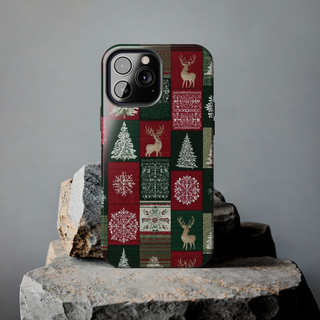 Festive Deer Pattern Phone Case — Red & Green Plaid with Snowflakes