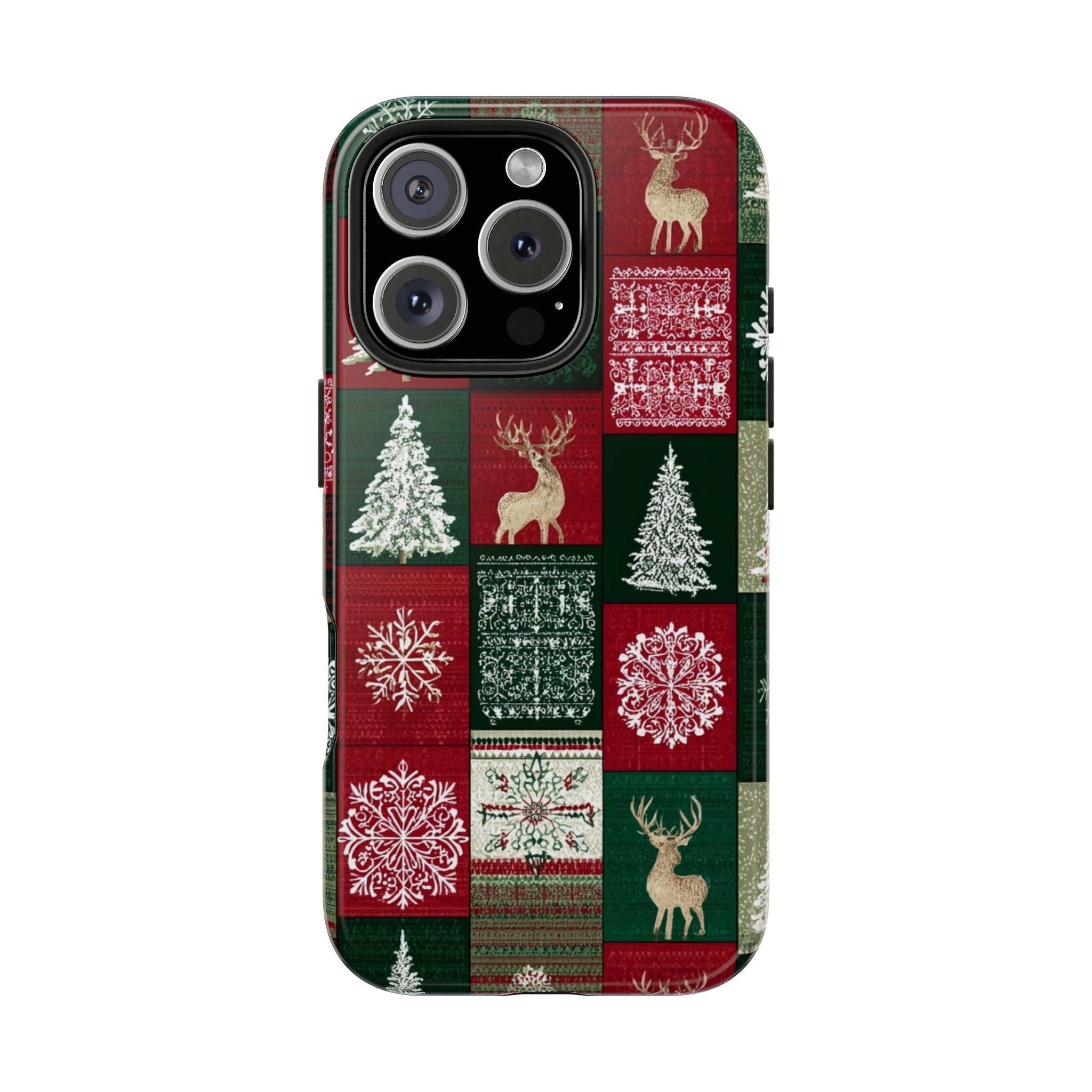 Festive Deer Pattern Phone Case — Red & Green Plaid with Snowflakes