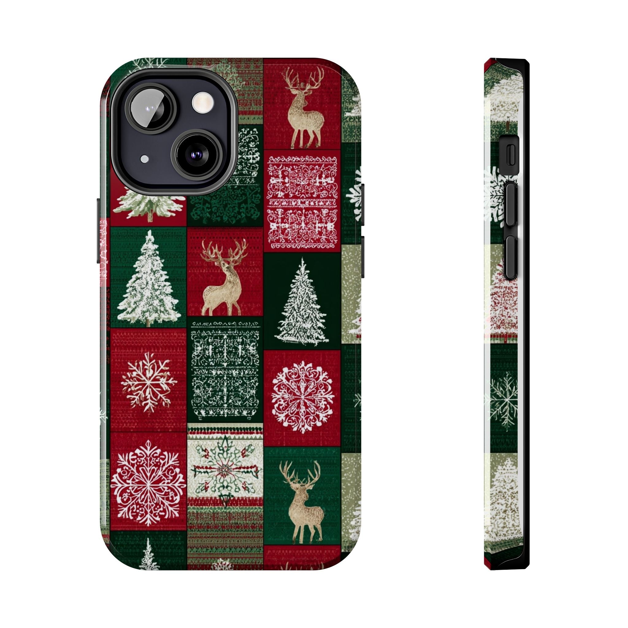 Festive Deer Pattern Phone Case — Red & Green Plaid with Snowflakes