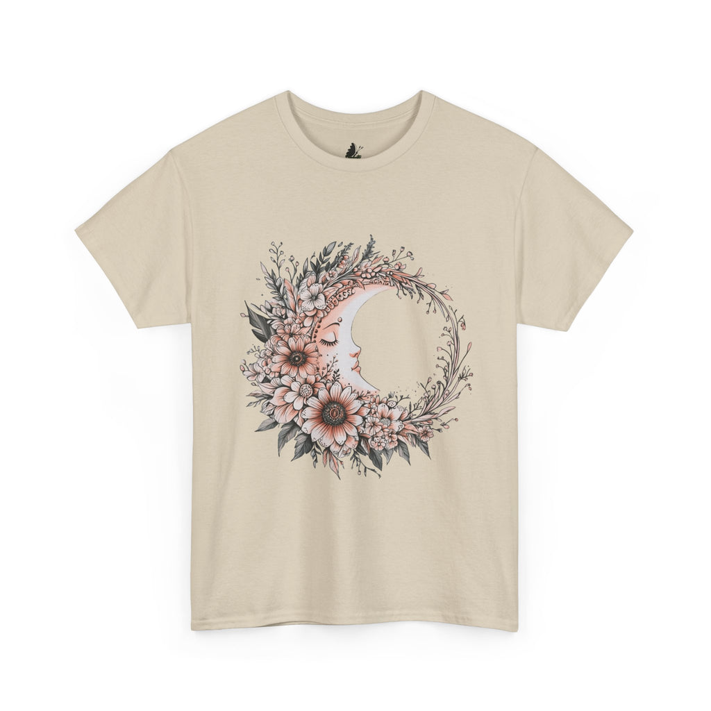 Boho Moon Floral Tee — Pink Moon with Flowers & Leaves